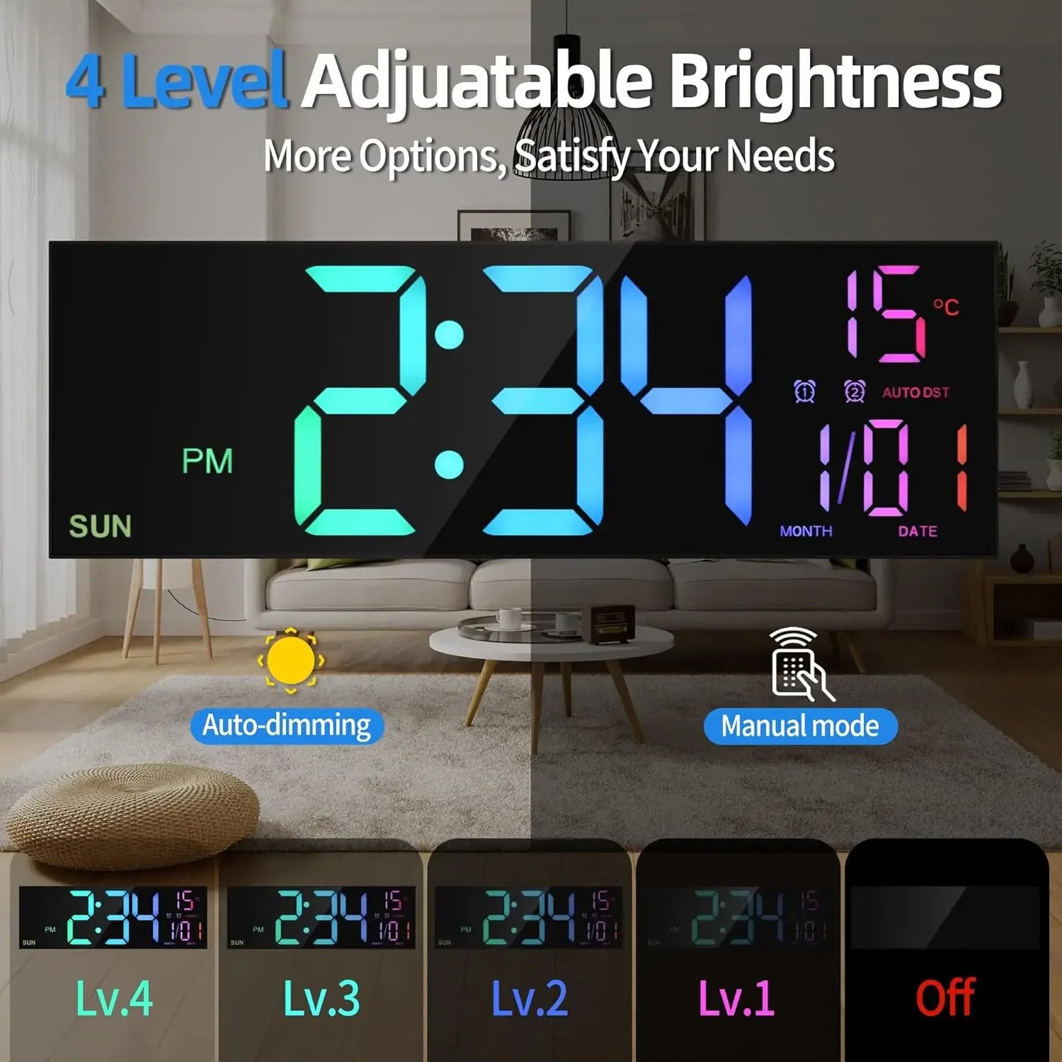 16.2’’ Large Digital Wall Clock with Remote Control Big LED/Dual Alarm/8 RGB Colors Digital Alarm Clock Electronic Watch