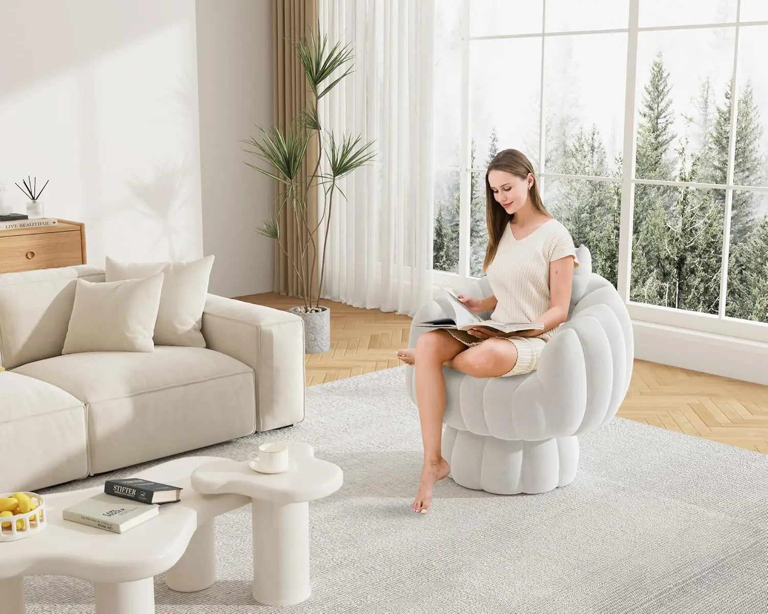 Mid Century Modern 360 Degree Barrel Swivel Accent Sofa Chair,Fluffy Velvet Fabric Lounge Wide Upholstered Pumpkin