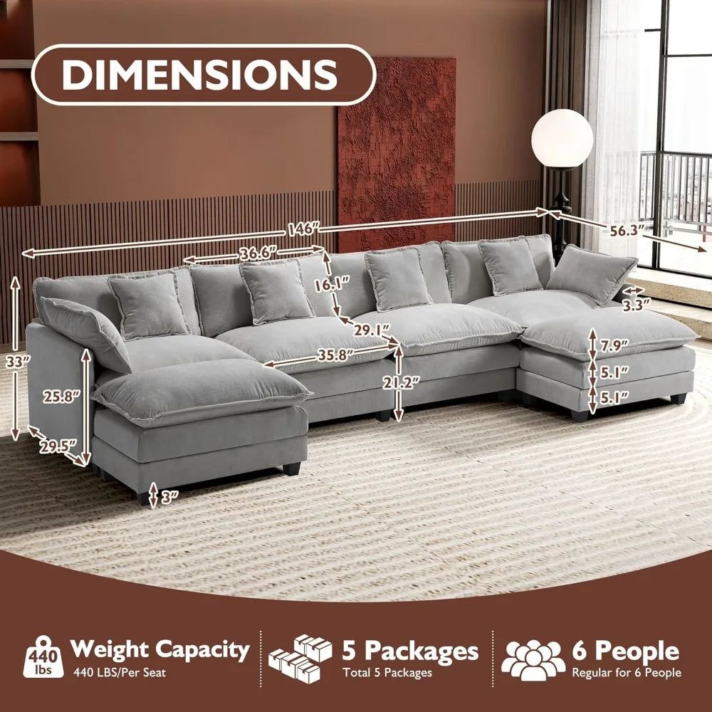 U-Shaped Modern Sofa Modular Sectional Cloud Couch with 2 Ottoman 6-Seat Chenille Deep Seat Sofa with 6 Pillows