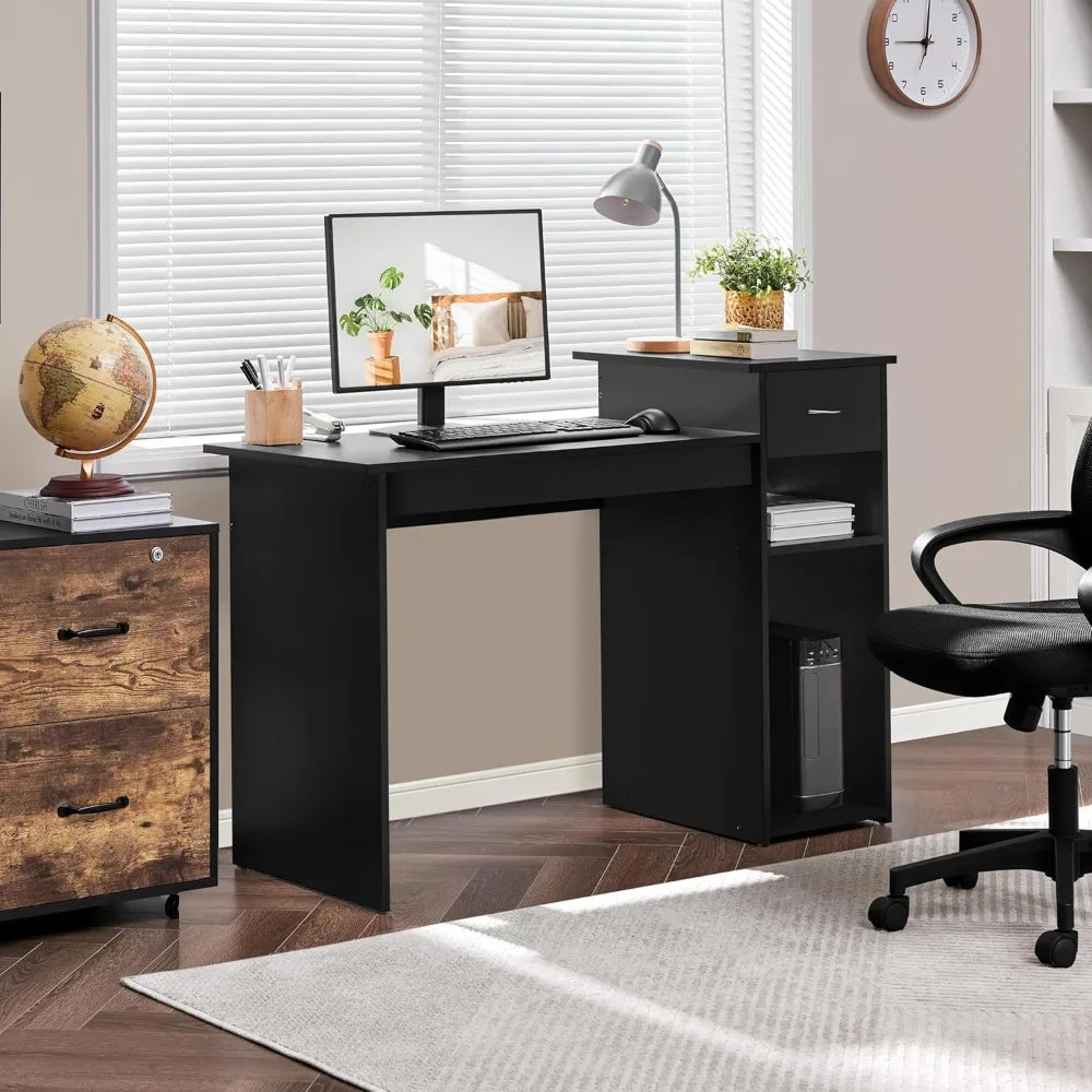 Home office computer desk with storage drawers and monitor stand wooden PC laptop desk modern minimalist style computer