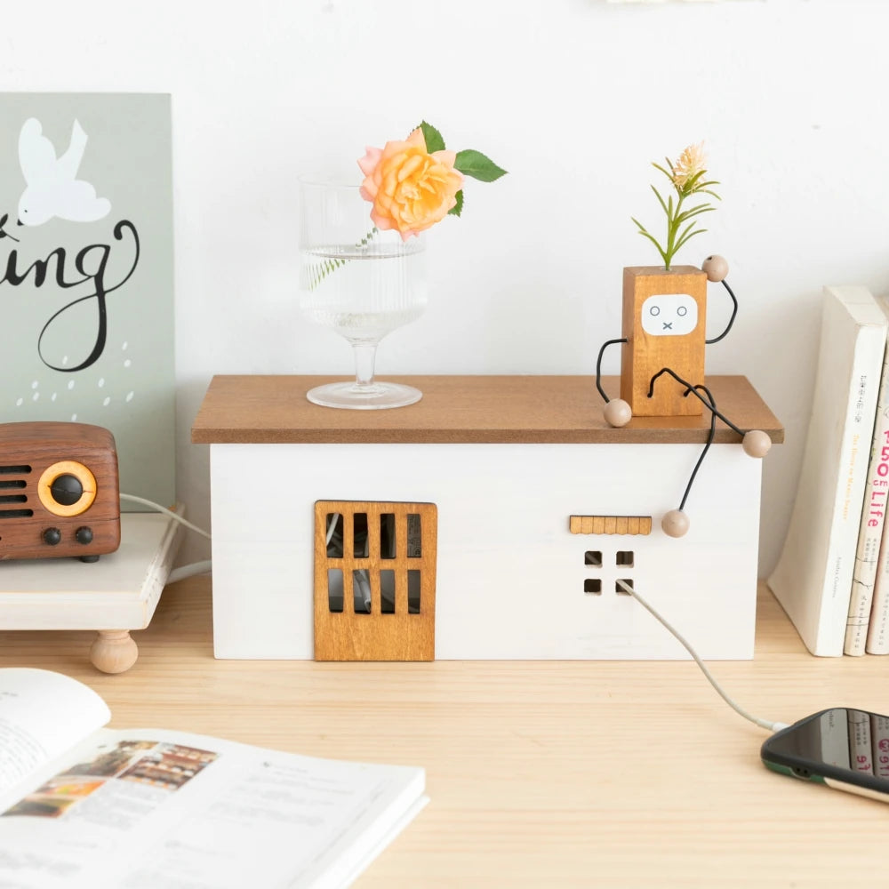 Wooden Desktop Cord Storage Box Desktop Organization Storage Socket Guard Plug Data Cable Charger Storage Home Room