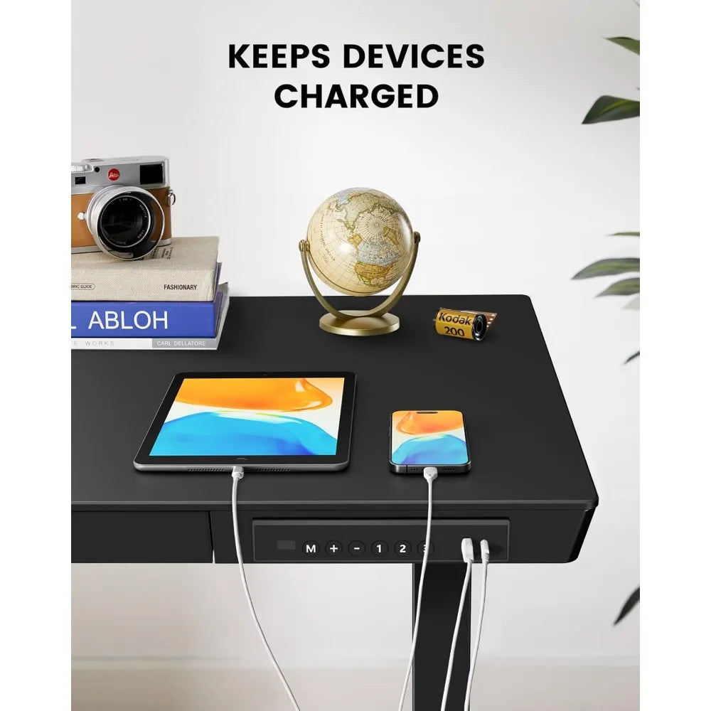 Electric Standing Desk with Drawers 48 x 24 Quick Install Glass Height Adjustable Desk with USB Charging Ports