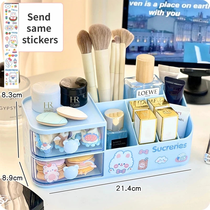 2024 New Desktop Storage Box Organizer Cute Bear Handle Drawer Type Desk Organizer Multi-grid Pen Holder with Kawaii