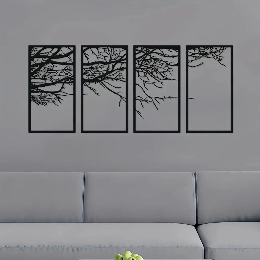 4-Piece Black Metal Tree of Life Wall Art Stunning Decor for Bedroom Living Room Office Kindergarten and Nursery Spaces