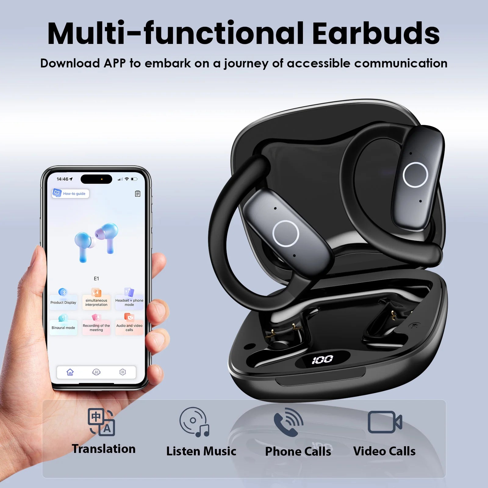 E1 5.4 AI Language Translation Headphones with 114 Languages Real Time Earbuds Translator OWS Ear Buds for Business