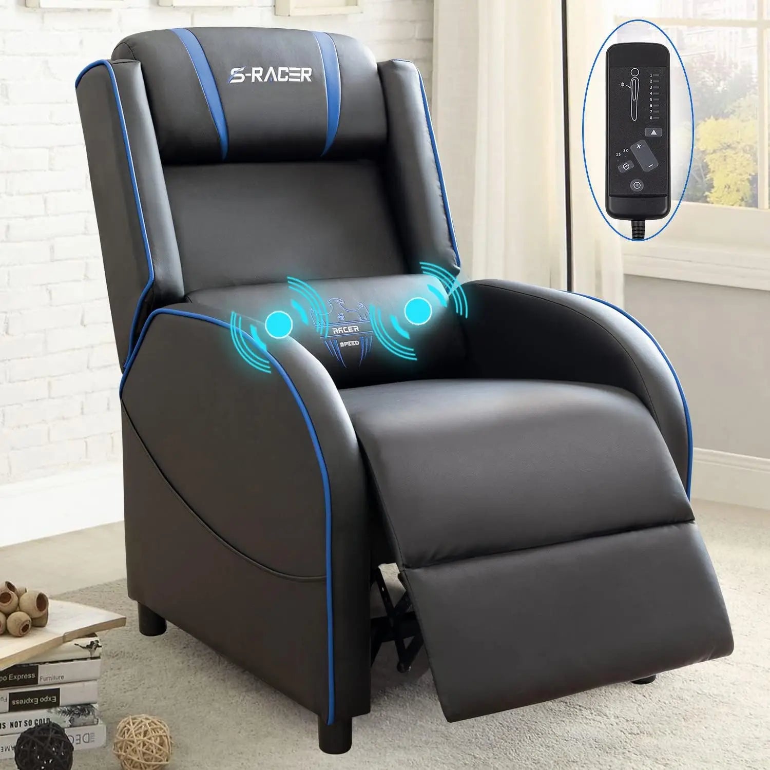 Massage Gaming Recliner Chair Racing Style Gaming Sofa PU Leather Home Theater Seating - blue / United States / set