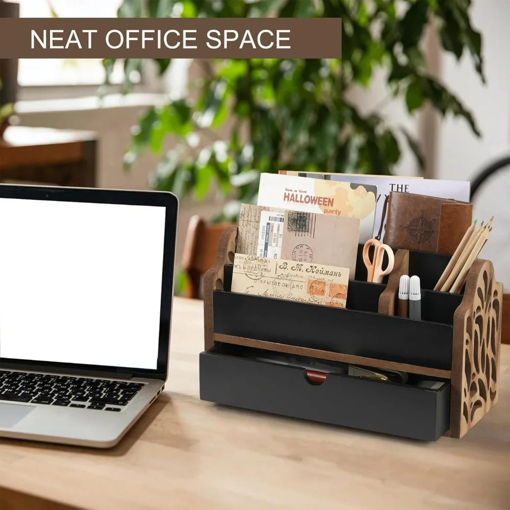 desk organizer with drawer wood file office mail organizer countertop-5 slot tabletop storage pen organizer letter