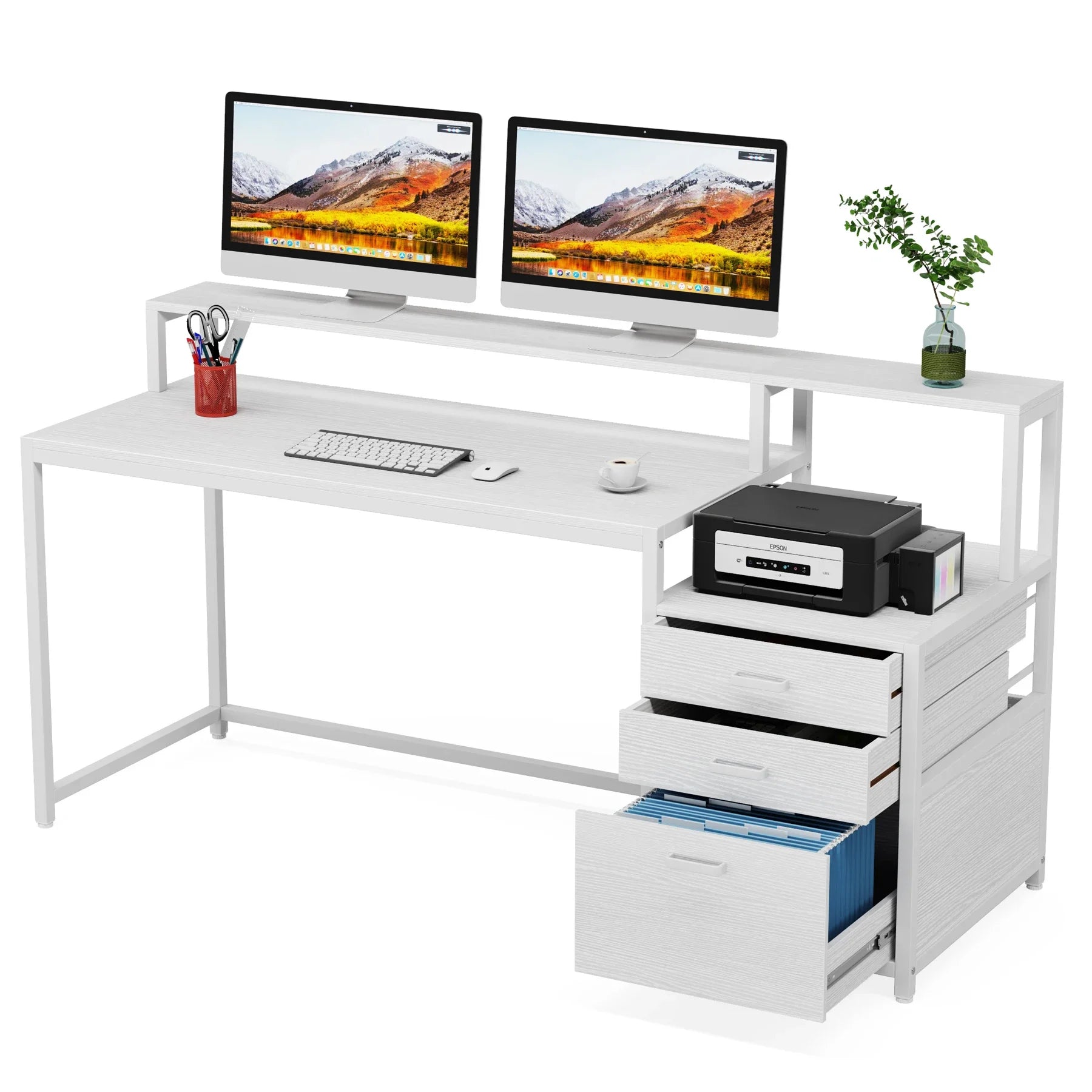 Tribesigns 63 Inch Computer Desk with File Drawer Cabinet Ergonomic Office Desk with Monitor Stand Industrial Computer