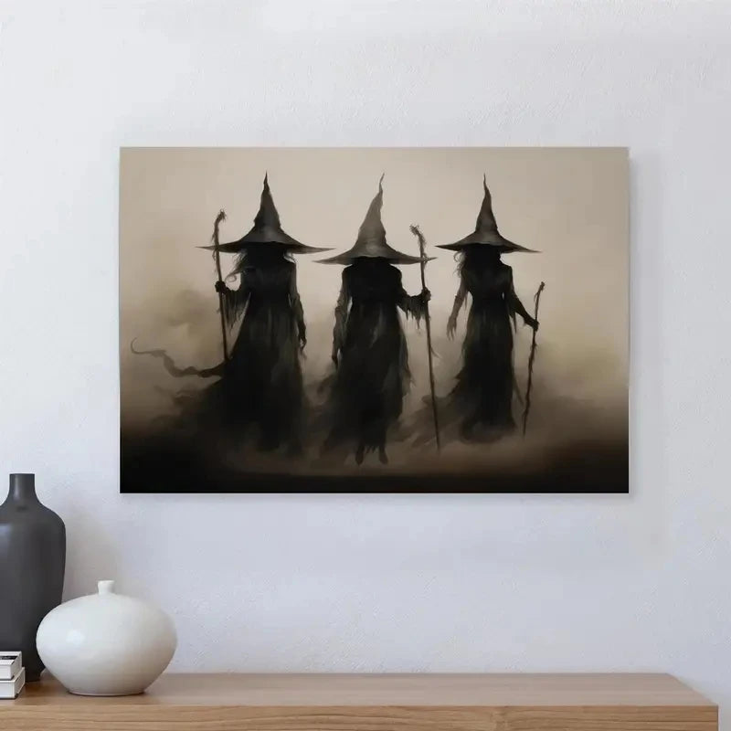 Abstract Retro Witch Halloween Canvas Prints Witchcraft Cartoon Cosplay Wall Art Poster for Family Bedroom Office Decor