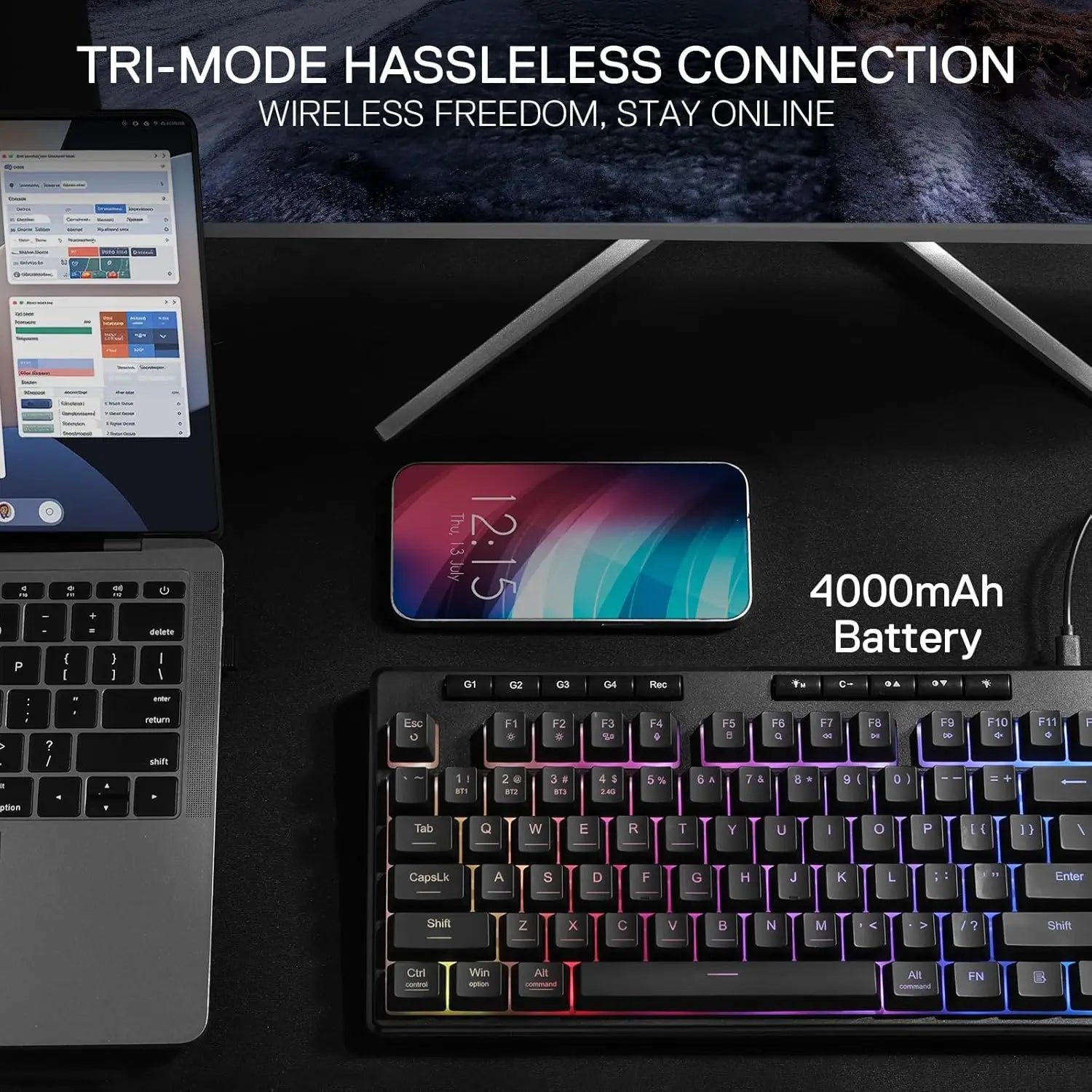 Redragon K516 PRO Shiva TKL RGB Wireless Membrane Gaming 87 Keys Mechanical-Feel Keyboard,Smooth Linear Switch - Desktop