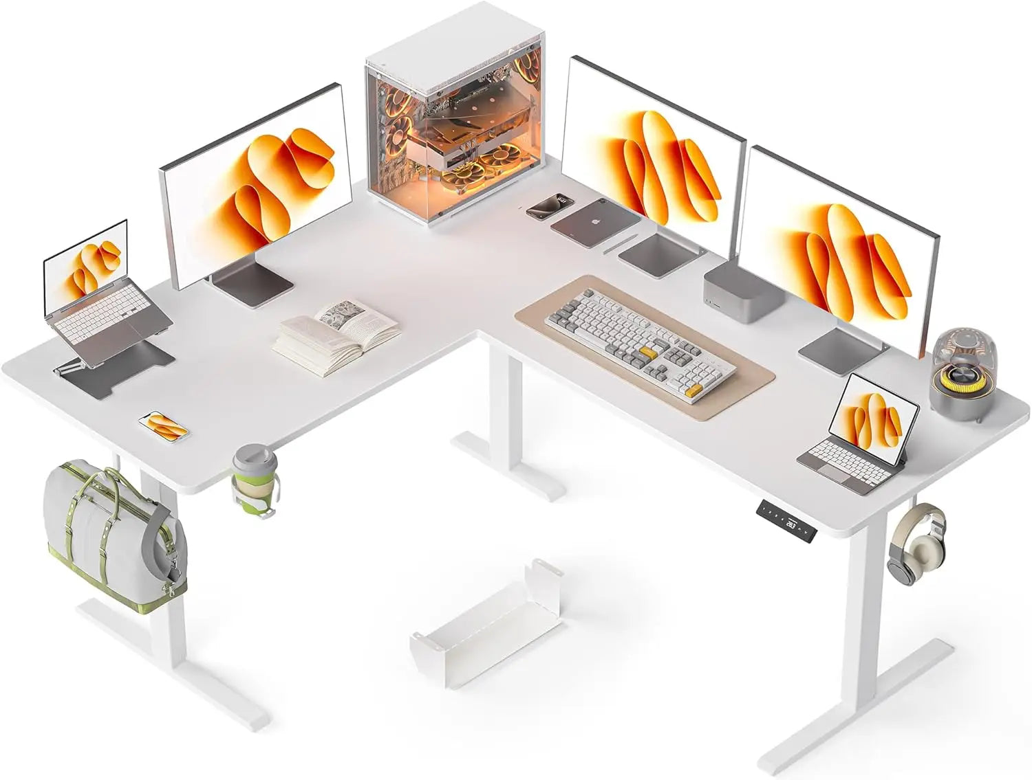 63X55 Inches Reversible L Shaped Standing Desk Height Adjustable with Cup Holder Electric Corner Computer Desk Sit