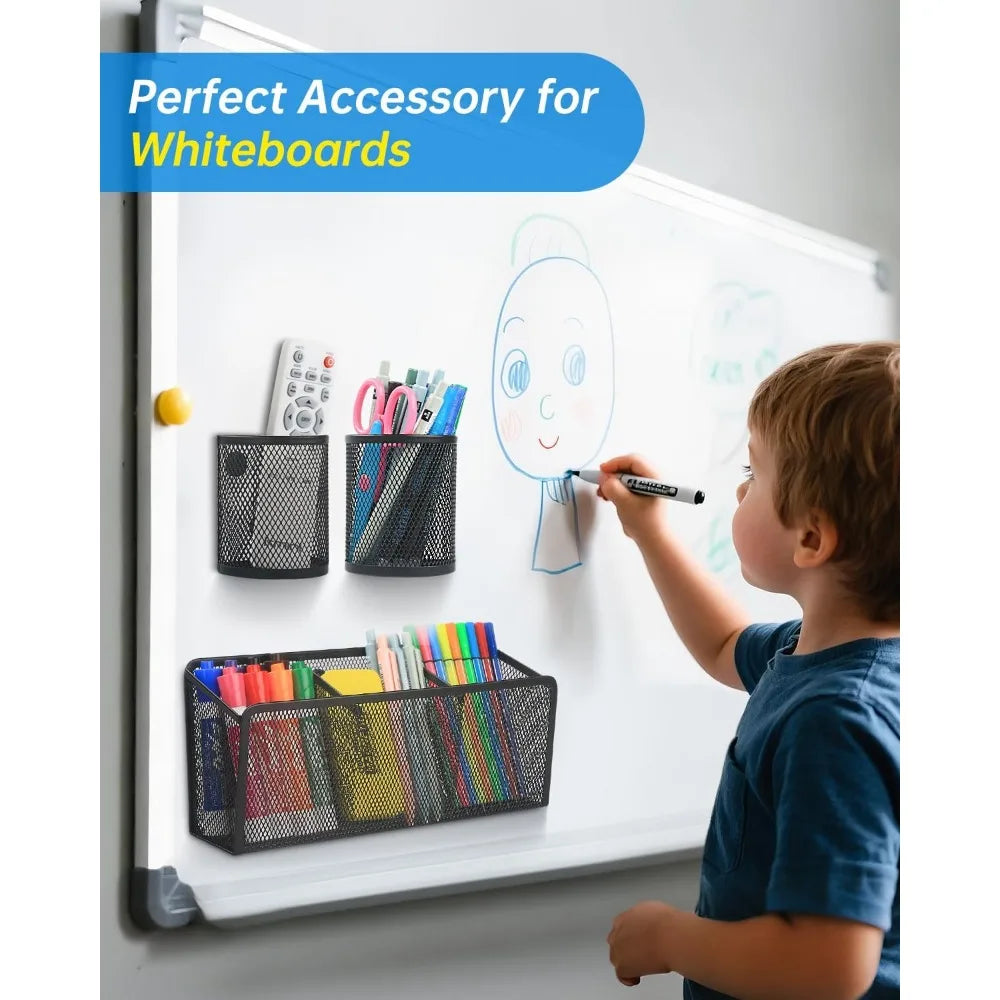 magnetic pencil holder - metal pen holder with strong magnets - storage basket organizer for whiteboard refrigerator