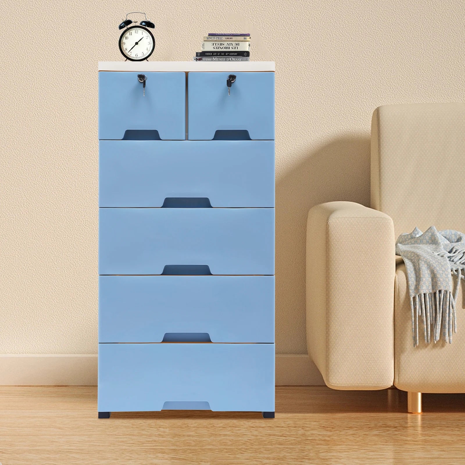Drawer Cabinet Blue with 4 Wheels and 4 Keys PP Material Modern Simple Rectangle Storage Cabinet Organizer for Bedroom