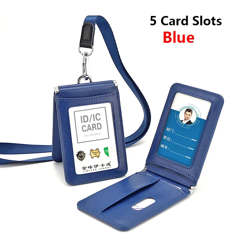 Top Grade Genuine Leather ID Badge Holder Business Cards Holders with Neck Lanyard Formal Staff Magnet Closed ID Card