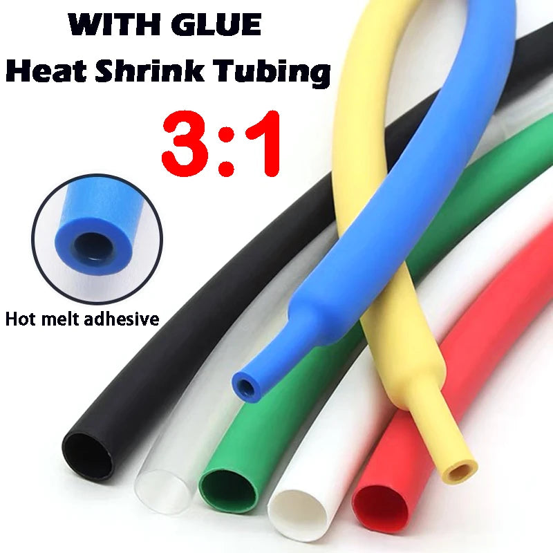 10/50/100M 200Meter 3:1 Heat Shrink Tube Black with Glue Polyolefin Shrinking Assorted Ratio Adhesive Wire Cable