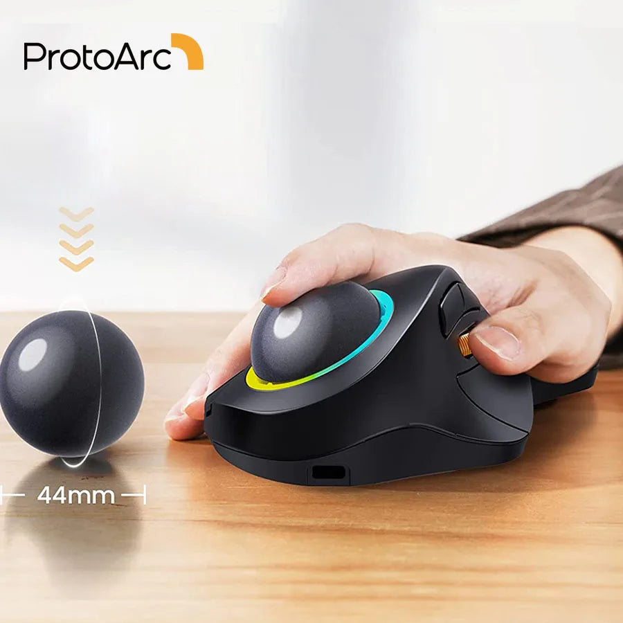 ProtoArc EM03 Wireless Bluetooth Trackball Mouse Rechargeable Ergonomic RGB Backlit Rollerball Mice for Windows Mac