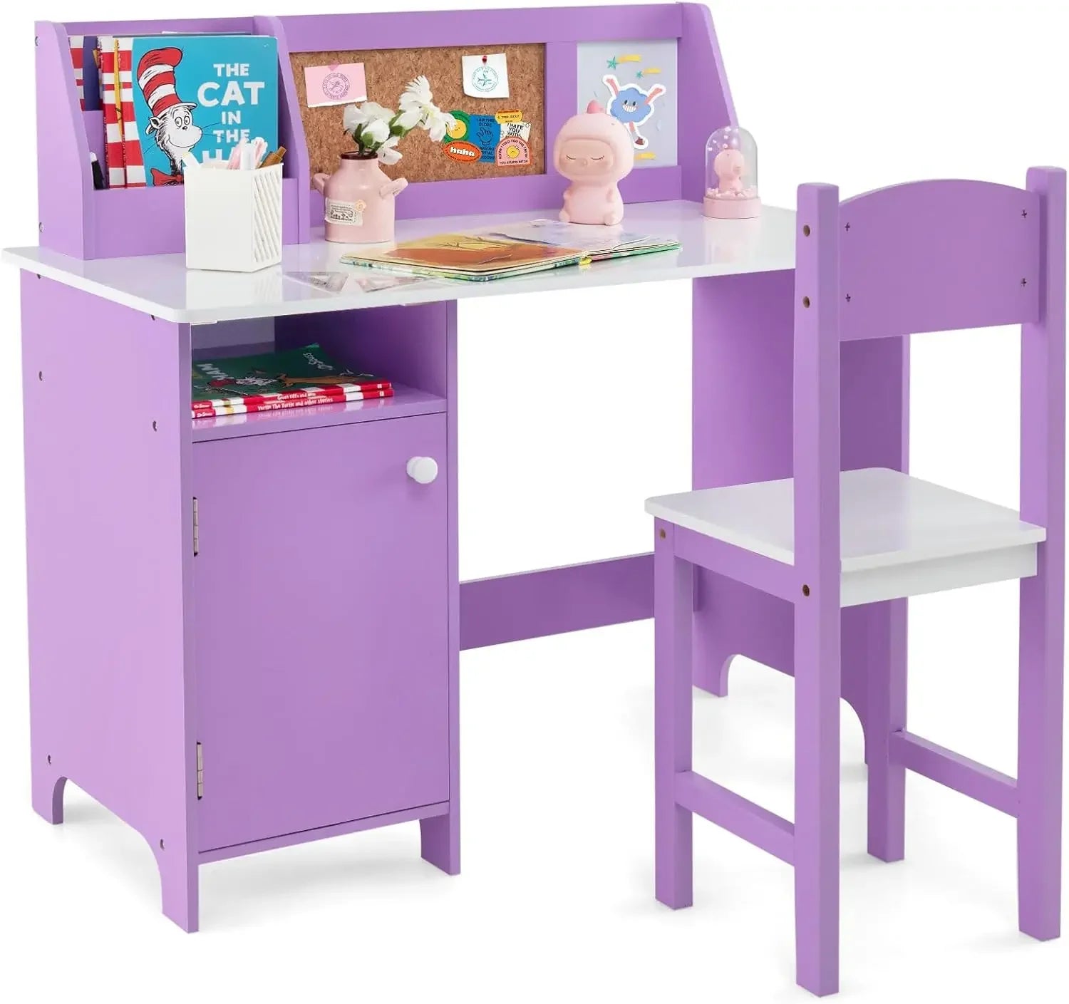 Kids Desk and Chair Set Wooden Children School Study Table and Chair w/Whiteboard Hutch Storage Shelves Student Writing