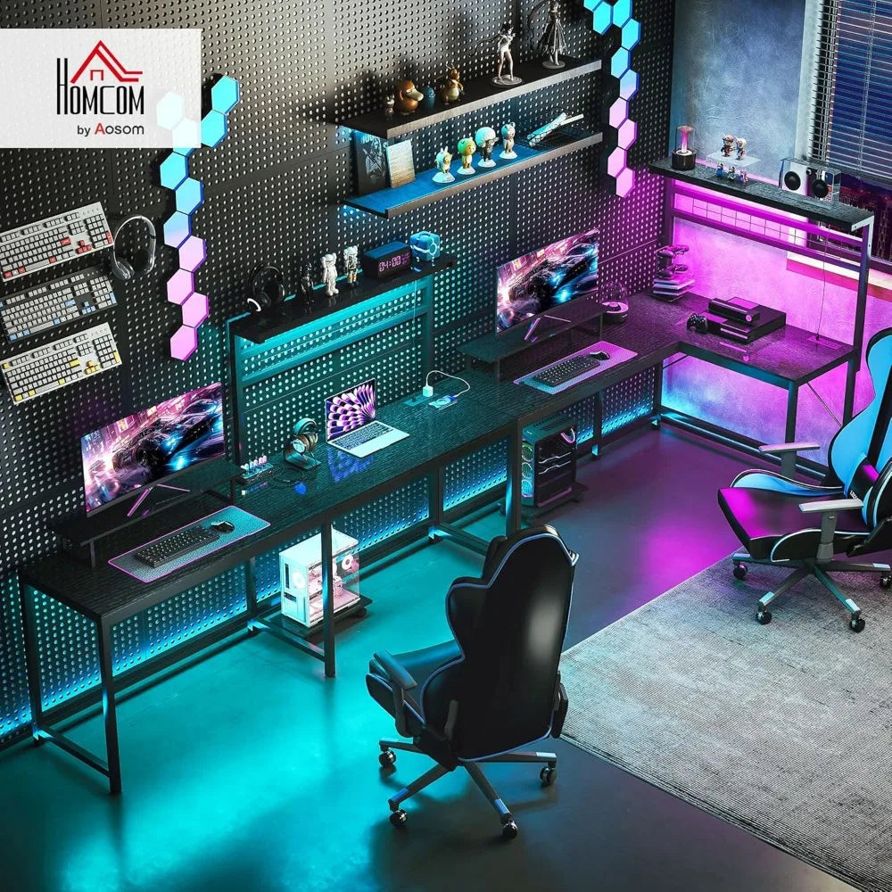 62 L-Shaped Gaming Desk with Power Outlets LED Lights and 86 2-Person Computer Table with Shelf and Rolling CPU Stand