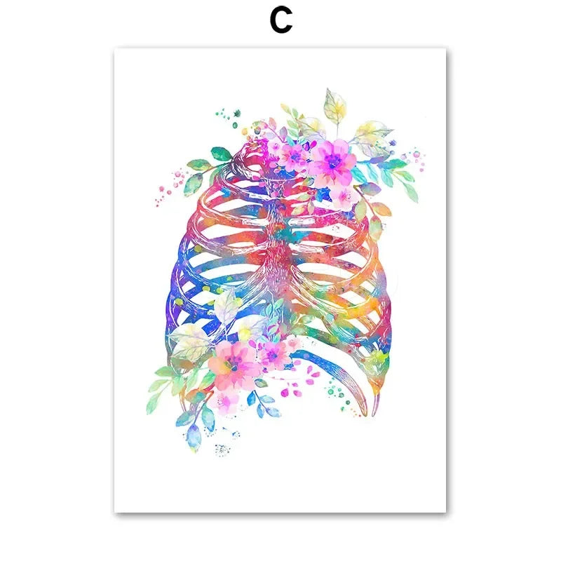 Heart Brain Lungs Kidney Rib Cage Liver Medical Floral Anatomy Poster Wall Art Canvas Print Painting Doctor Office