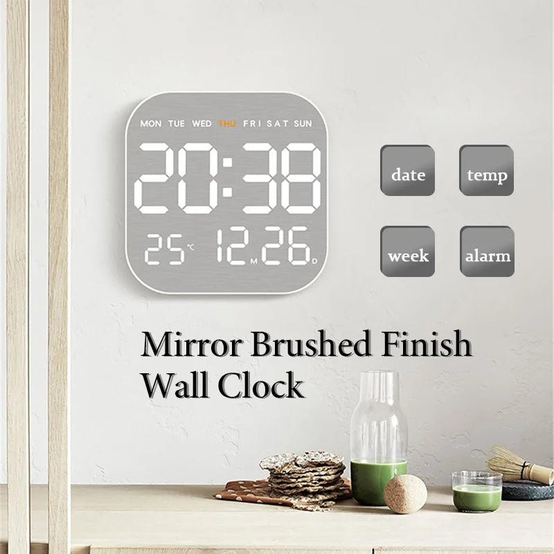 Mirror Brushed Finish Wall Clock Premium Feel Silent Wall Clock Table Alarm Clock Temp Display Bedroom Office Living