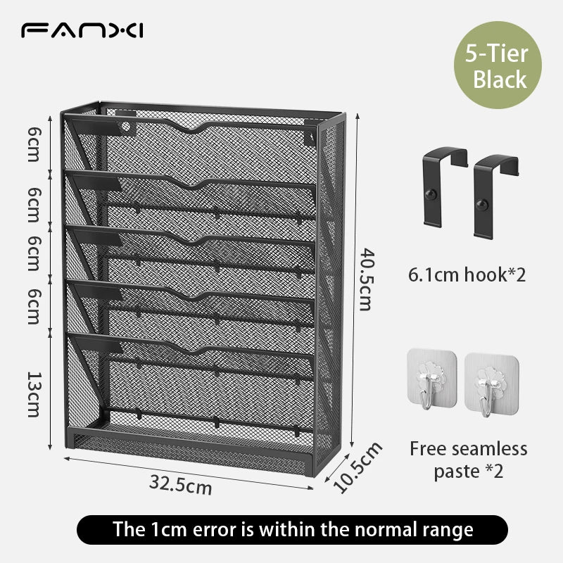 Mesh wall file storage rack 5-layer vertical mounting rack Magazine rack with bottom flat tray side closed black