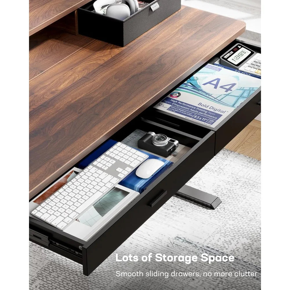 55 x 30 inch Electric Standing Desk with Wood Drawers Adjustable Height Sit Stand Home Office Desk with Two Tiers Walnut