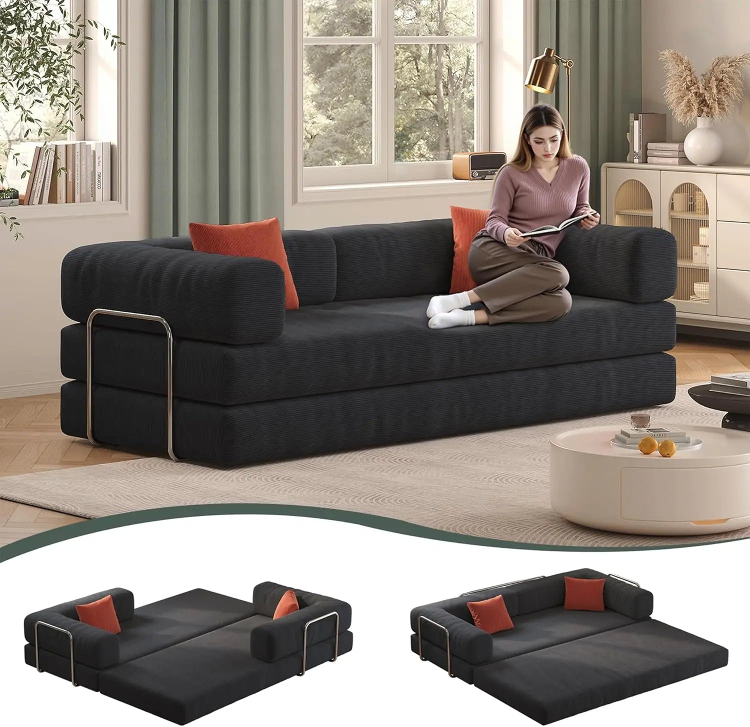 79’’ Convertible Sofa Bed with Pillows Corduroy Folding Sleeper Sofa with Fixed-Shape Frame Boneless Couch for Living