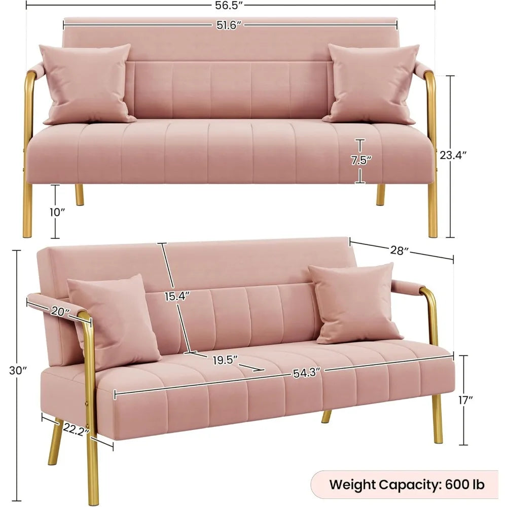 56.5’’ Luxurious Velvet Fabric Living Room sofa w/Gold-Tone Metal Arms and Legs for Livings Rooms Home Office Living