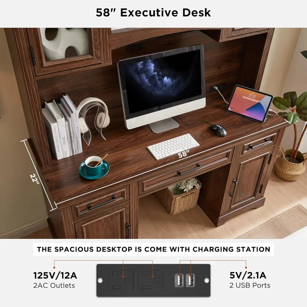 Farmhouse 76’’ Height Computer Desk with Hutch Office Desk with Charging Station Drawers And Storage Cabinet