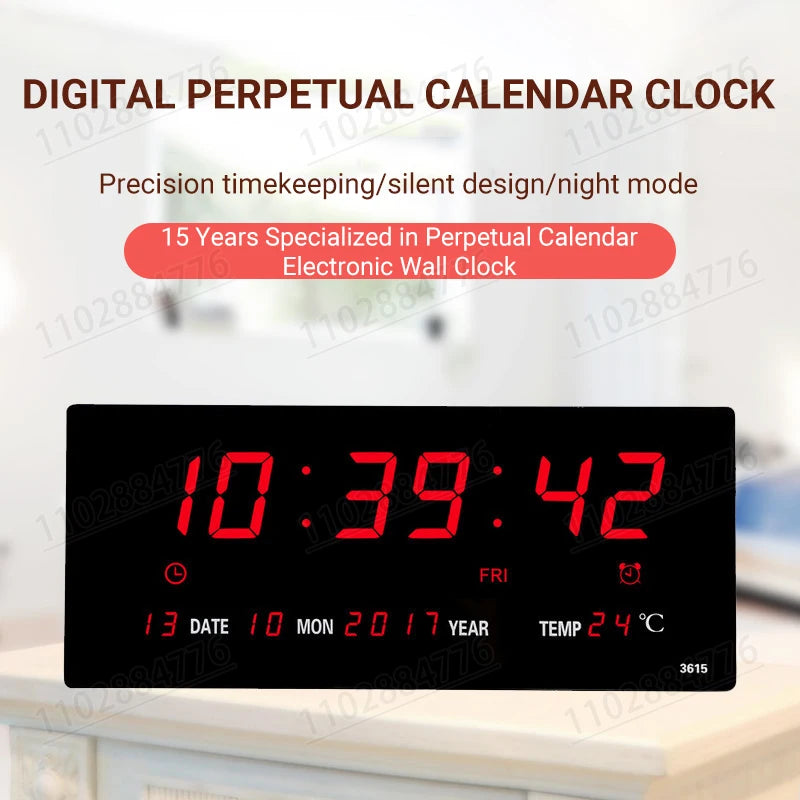 LED Digital Electronic Clock Backlight Large Digital Alarm Clock Temperature Calendar Bedroom Wall Calendar Clock