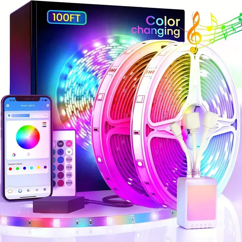 100FT LED Strip Lights for Bedroom Desk indoor Room Bedroom Brithday Gifts RGB Decor with Remote and 24VPower supply