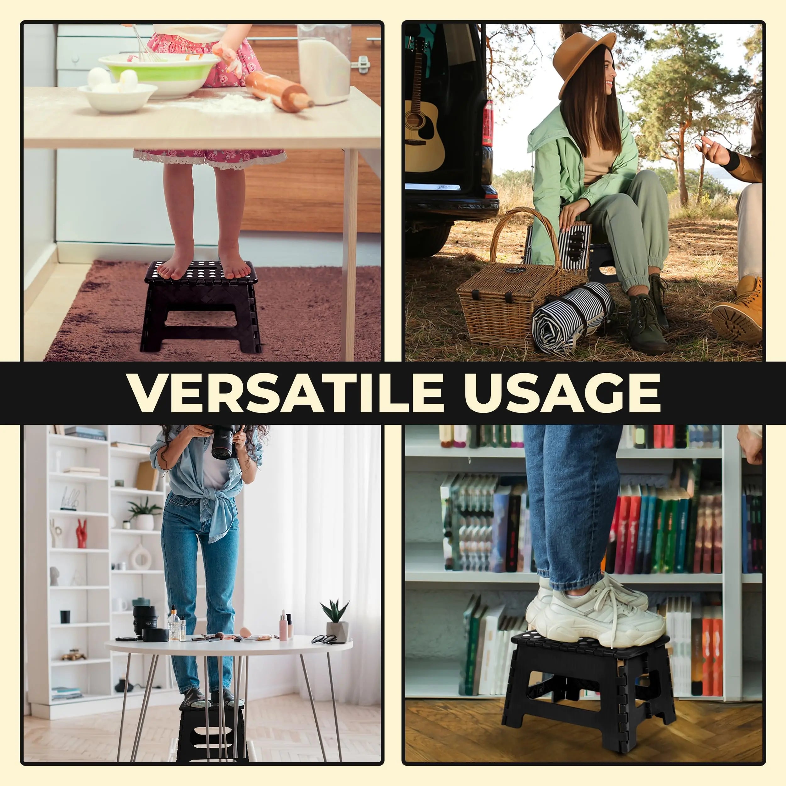 Foldable Step Stool Lightweight Non-Slip Folding Stool for Kitchen Bathroom Home Easy Storage Portable Sturdy Black