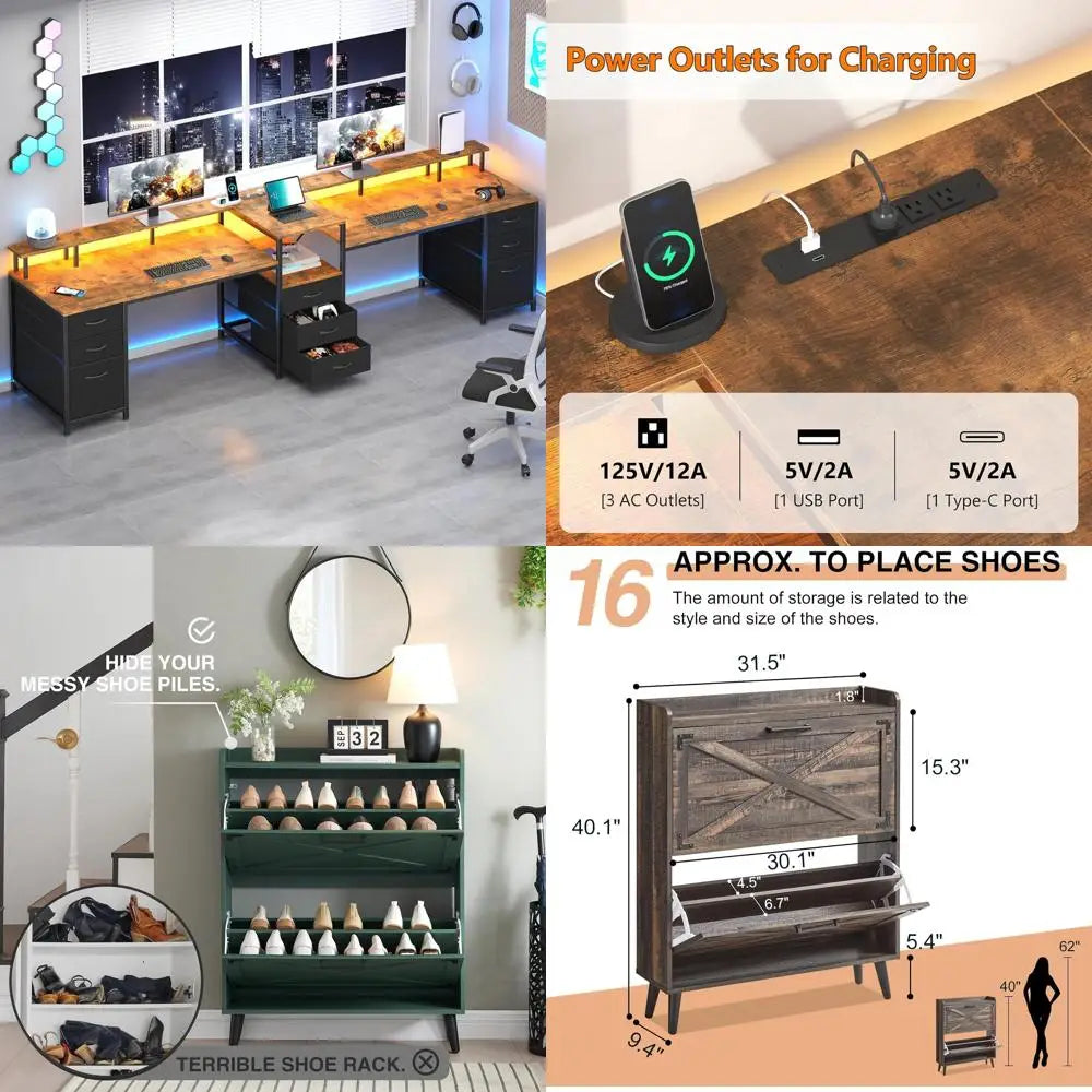 Two-Person LED Gaming Desk with 9 Drawers Power Outlet and Storage for Home Office - United States / Rustic Brown