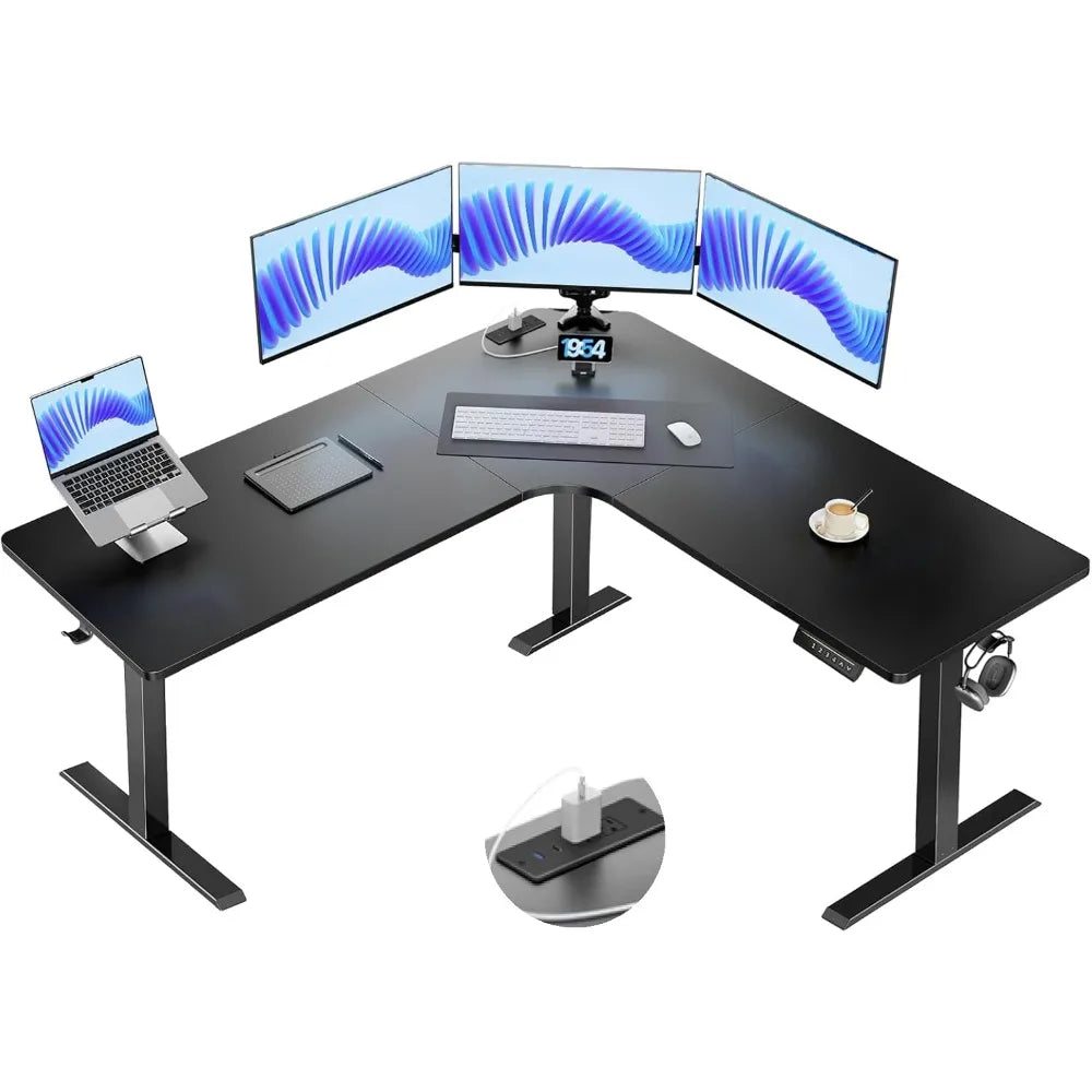 Electric L Shaped Standing Desk 63’’ x 63’’ Height Adjustable Corner Standing Desk with Built-in Power Outlets &