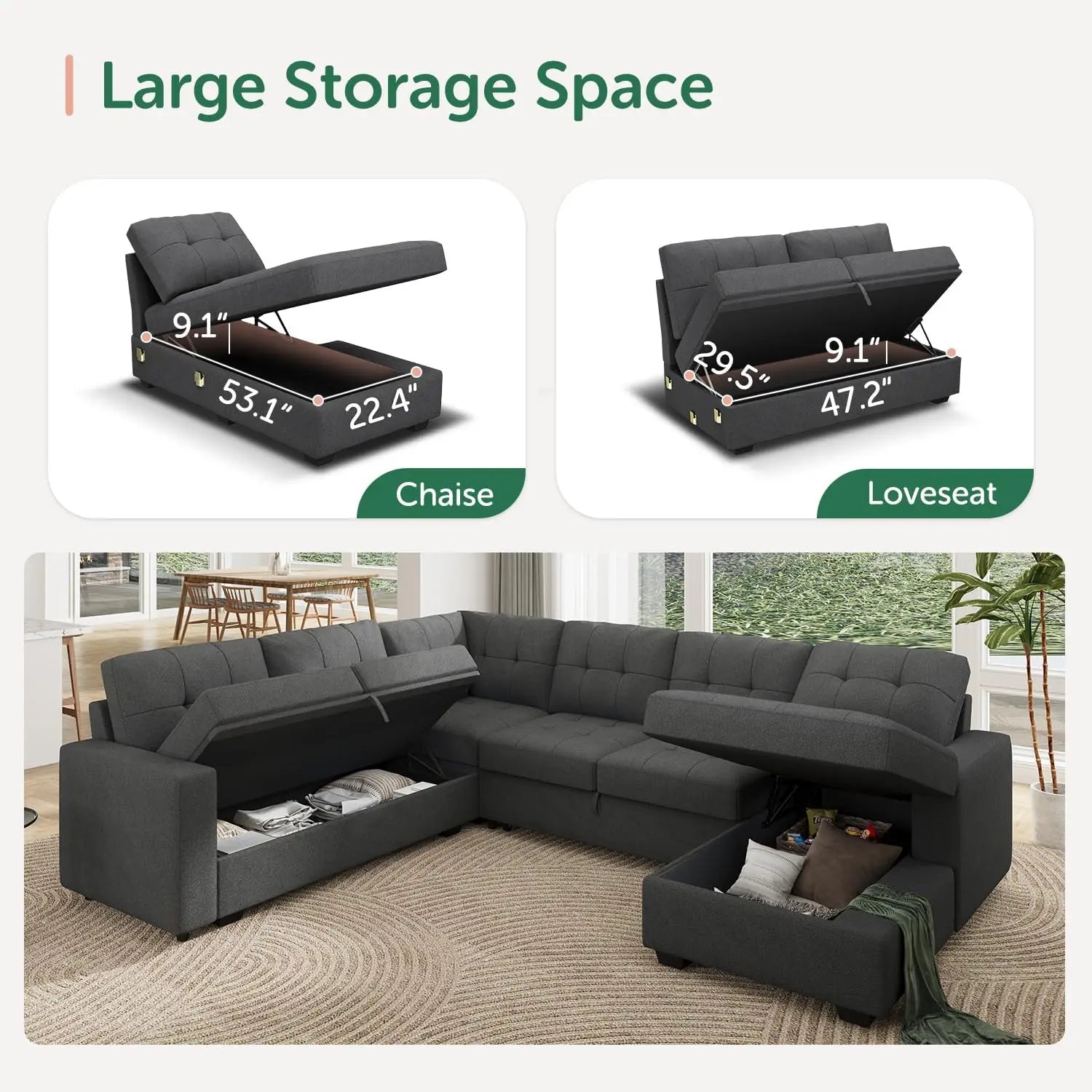 Sectional Sleeper Sofa Pull Out Bed with Storage Chaise Sectional Sofa Couch Sleeper Couch Bed for Living Room Dark