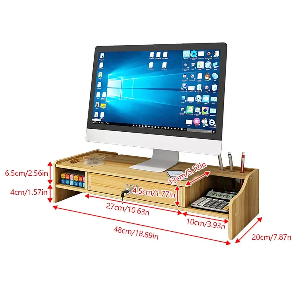 Monitor Riser Stand Computer Laptop PC Shelf Display Holder Desk Organizer with Drawer Wood - United States