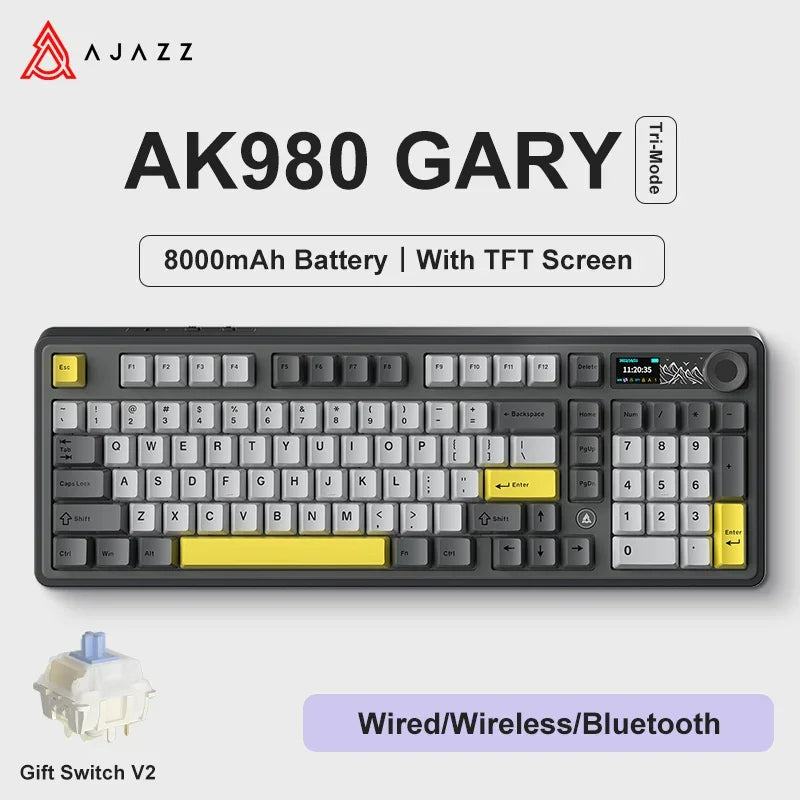 Ajazz AK980 Gaming Mechanical Keyboard with Color Screen 98 Keys RGB Bluetooth Wireless Keyboard Gamer 8000mAh For PC