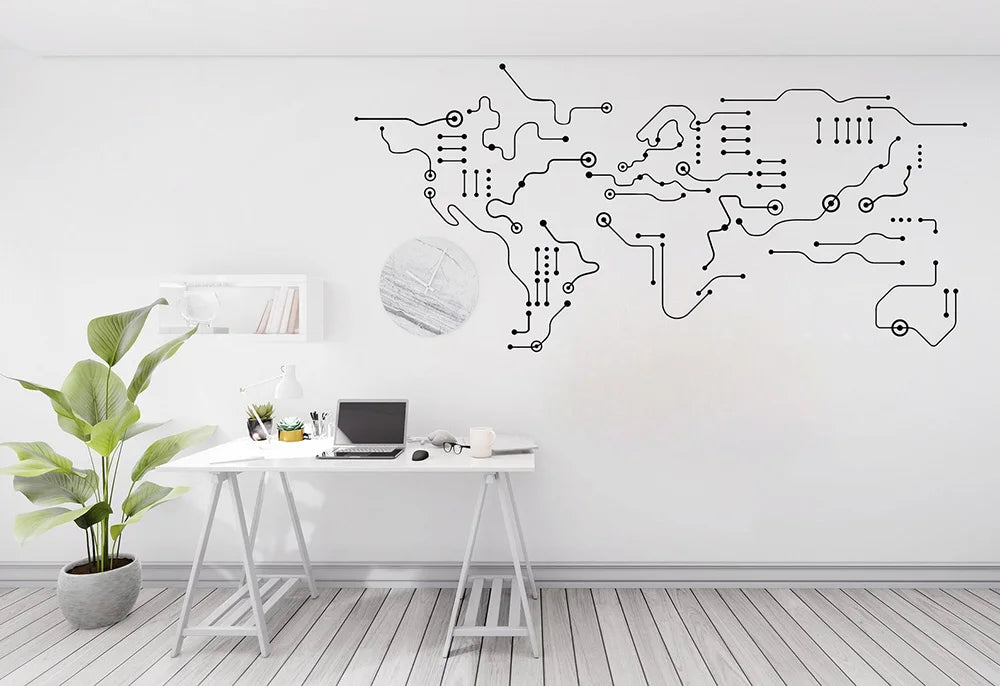Circuit Board World Map Office Wall Art Decal Technology Vinyl Wall Art Decals Computer IT Decor Software Wall Sticker