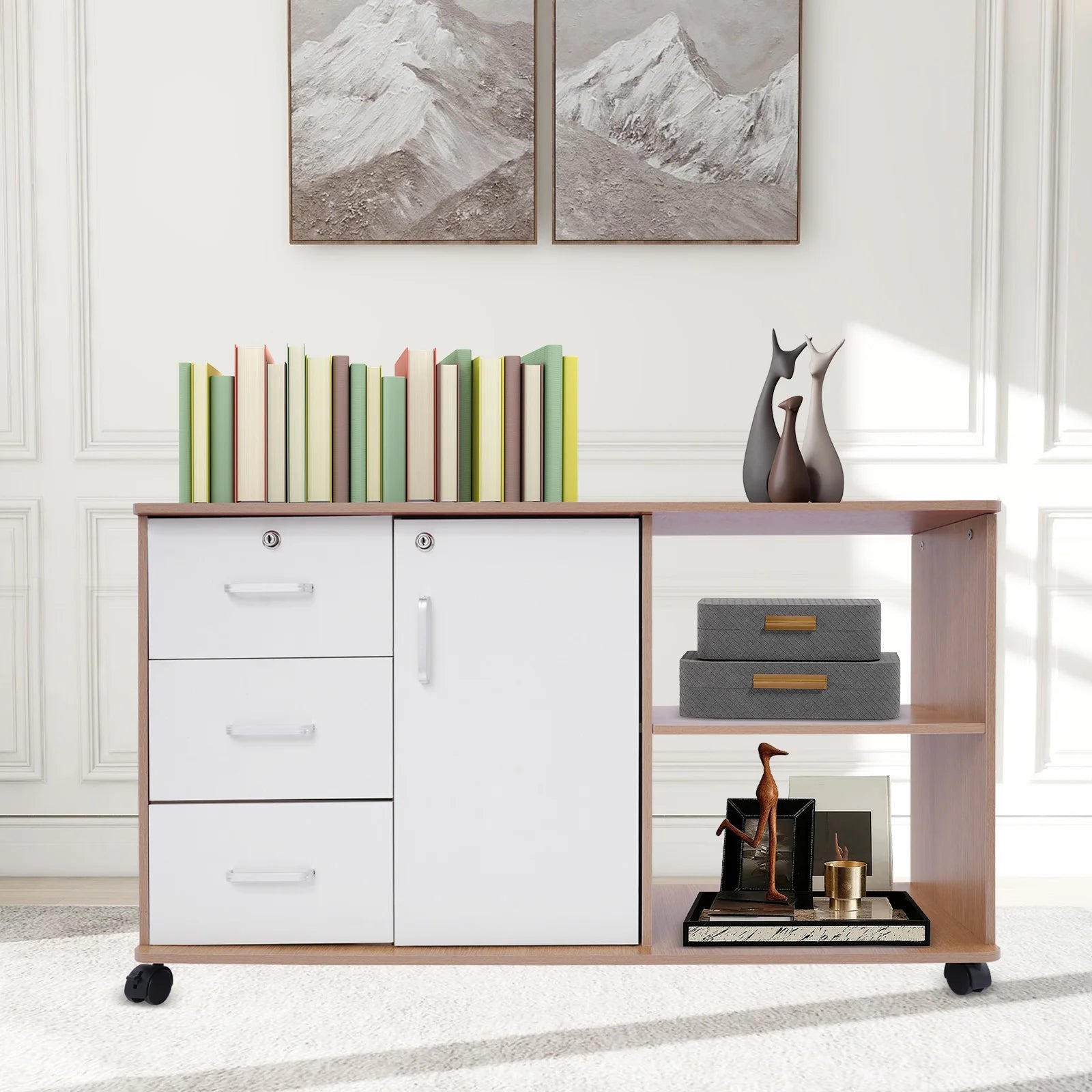 3 Drawers 1 Cabinet 2 Compartments MDF File Cabinet,Black/Wood Color/Gray Rectangular File Cabinets for Home Office