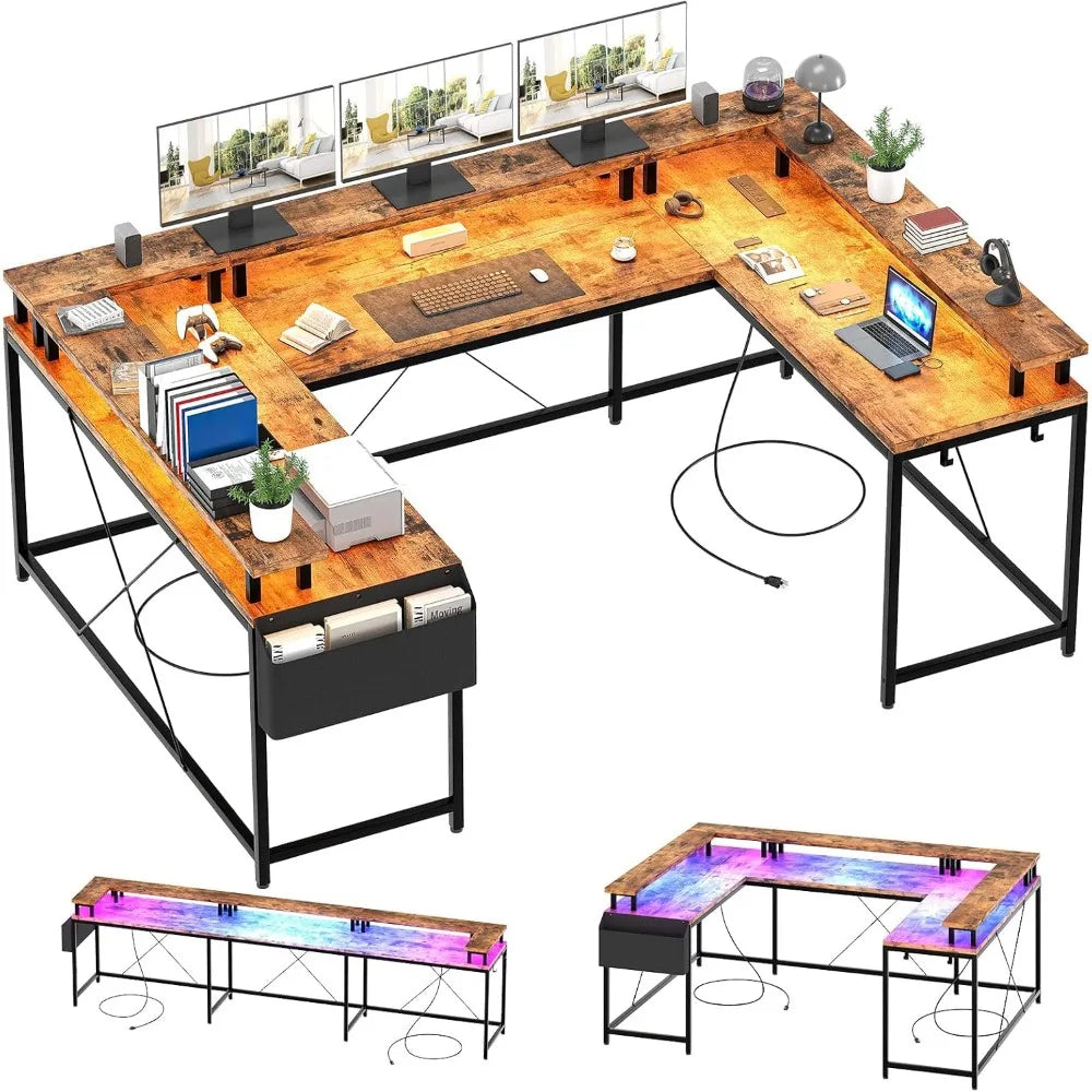 U/L Shaped Desk Reversible Computer Gaming Desk with Power Outlet & LED Light Large Corner Table with Monitor Stand &