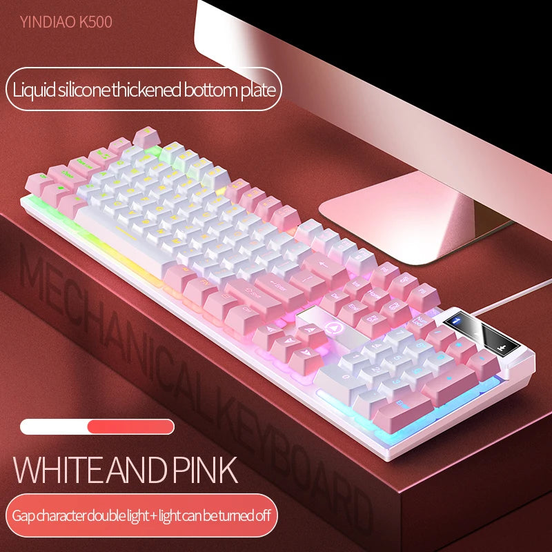 K500 Pink Keyboard Mixed Color White Pink Keycaps 104 Keys Wired Gaming Keyboard for Laptop PC - White Pink - Desktop