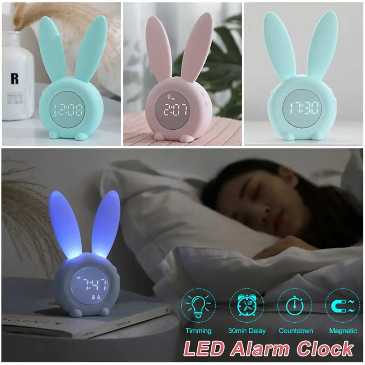 Bunny Ear Digital Alarm Clock LED Electronic LED Display Sound Control Cute Rabbit Night Lamp Snooze Desk Clock Home
