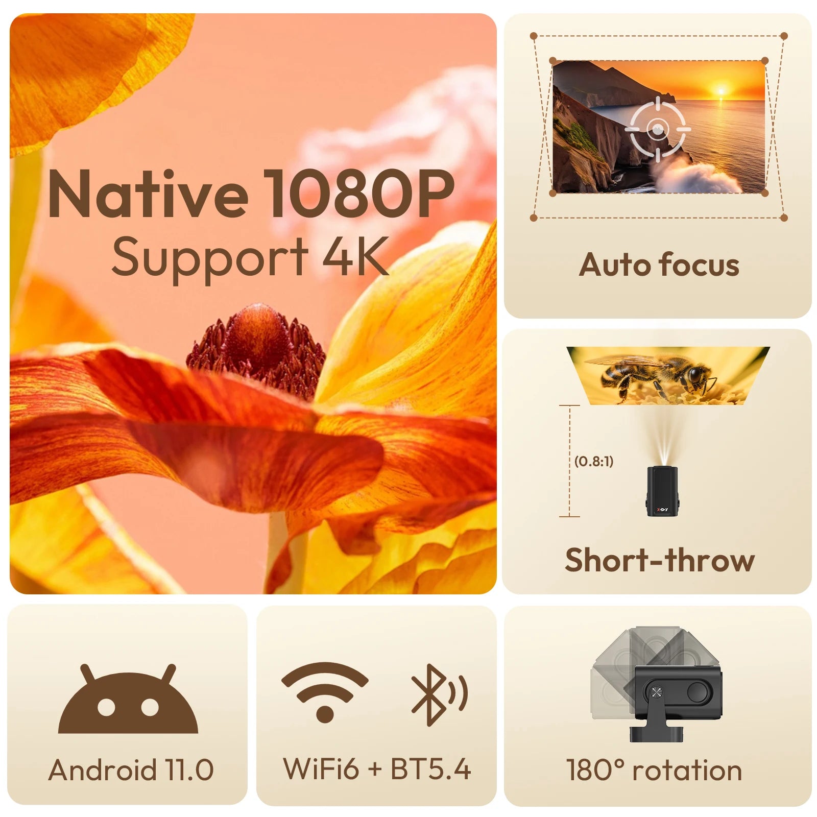 XGODY Projector 4K 350ANSI Short Throw Speaker Base Android Bluetooth WiFi Native 1080P Auto FocusHome Theater