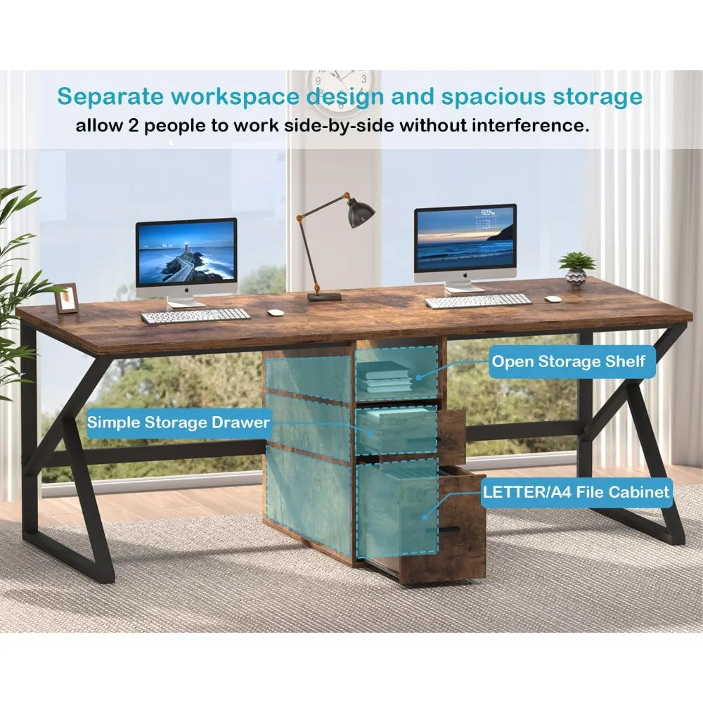 79’’ Two Person Office Desk,Large Double Long Pc Desk with File Drawer 2 Person Computer Desk with Storage Cabinet