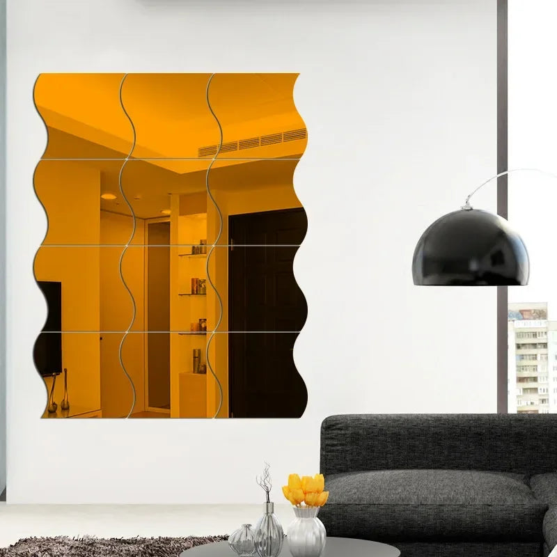 Modern Artistic Wall Panels Set - 3D Mirror Mosaic Stickers for Home/Office Interior Design (Wave Pattern) - Brown