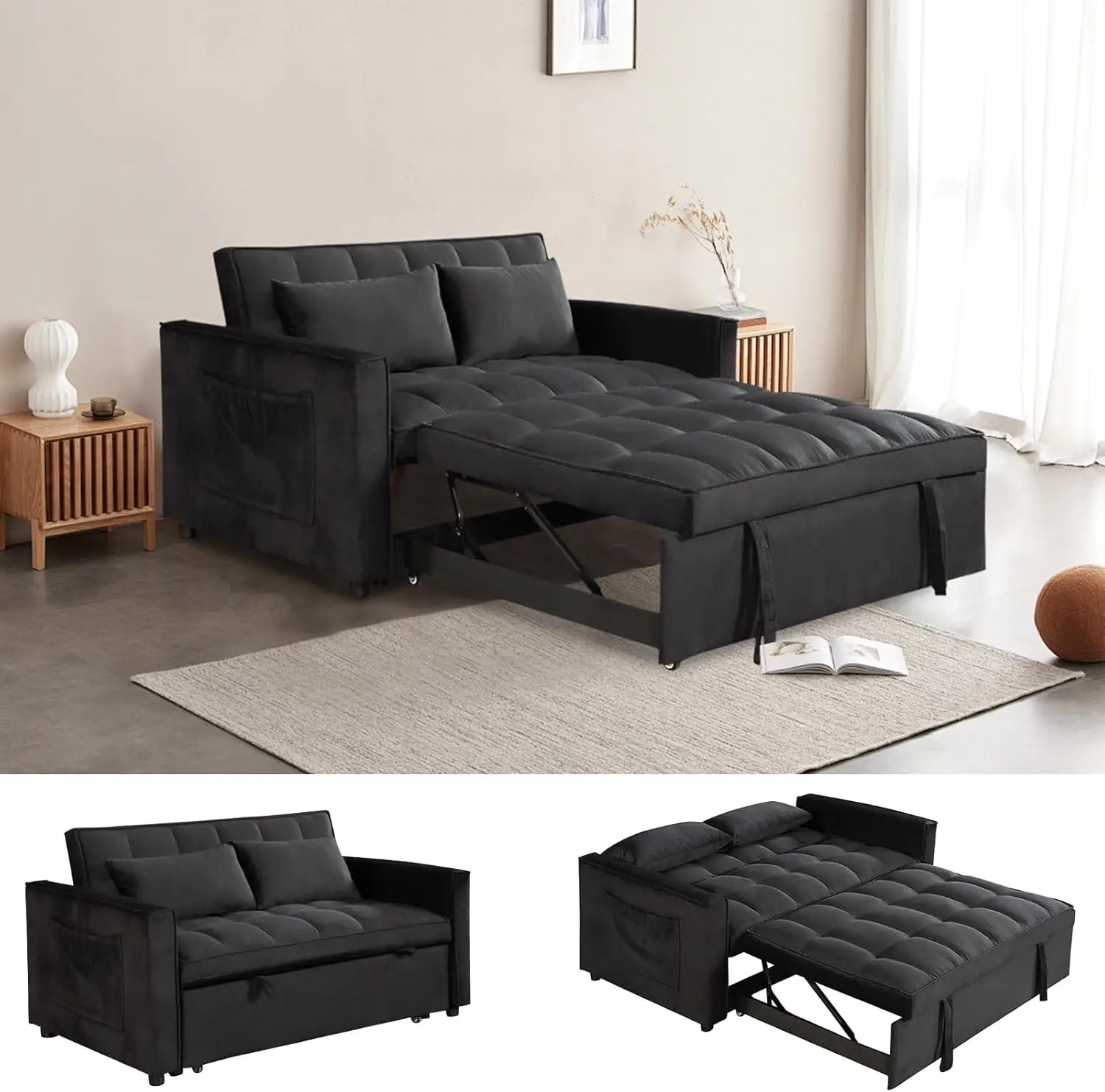Sleeper Sofa Velvet Pull Out Sofa Bed Convertible Sofas Couch Adjustable Backrest Loveseat Sofa Couch Side Pocket