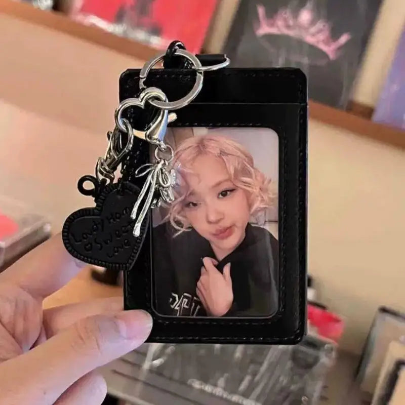 black-pu-leather-silver-cat-bow-pendant-photo-card-holder-student-campus-card-id-card-holder-campus-card-holder-keychain