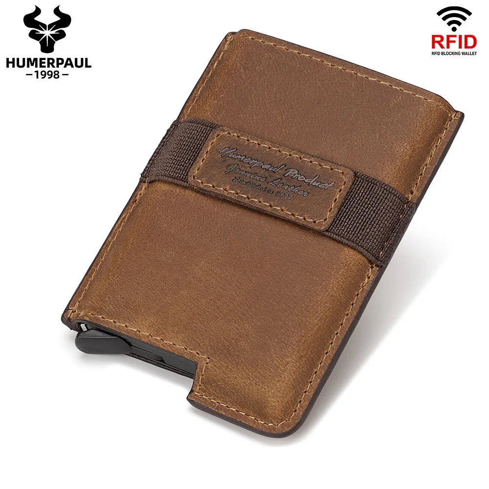HUMERPAUL Slim Men’s Credit Card Holder Wallet Genuine Leather Pop Up Aluminum Card Box RFID Blocking Smart Walets