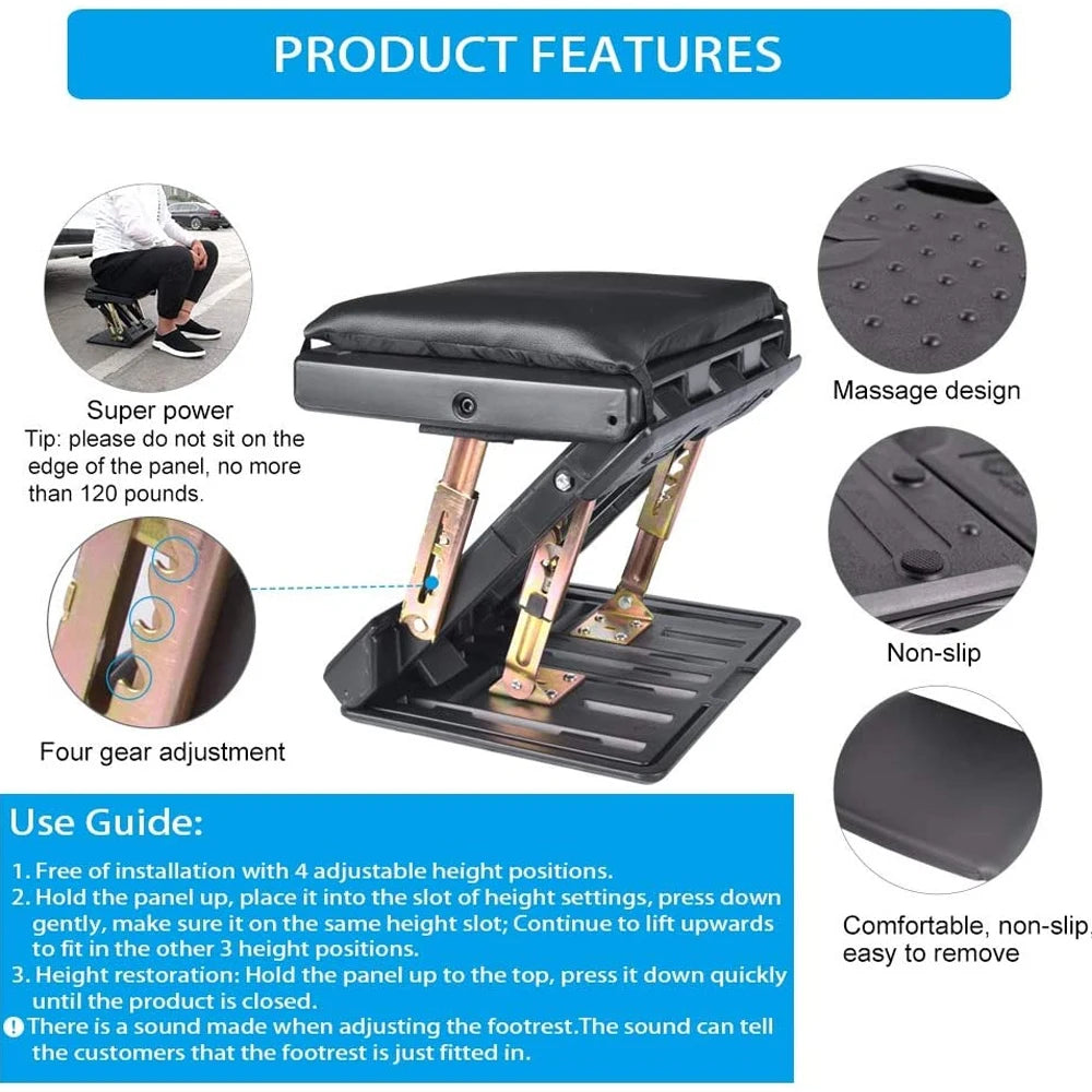 Adjustable Footrest With Removable Soft Foot Rest Pad Max-Load 120Lbs With Massaging Beads For Car Home 4-Level Height