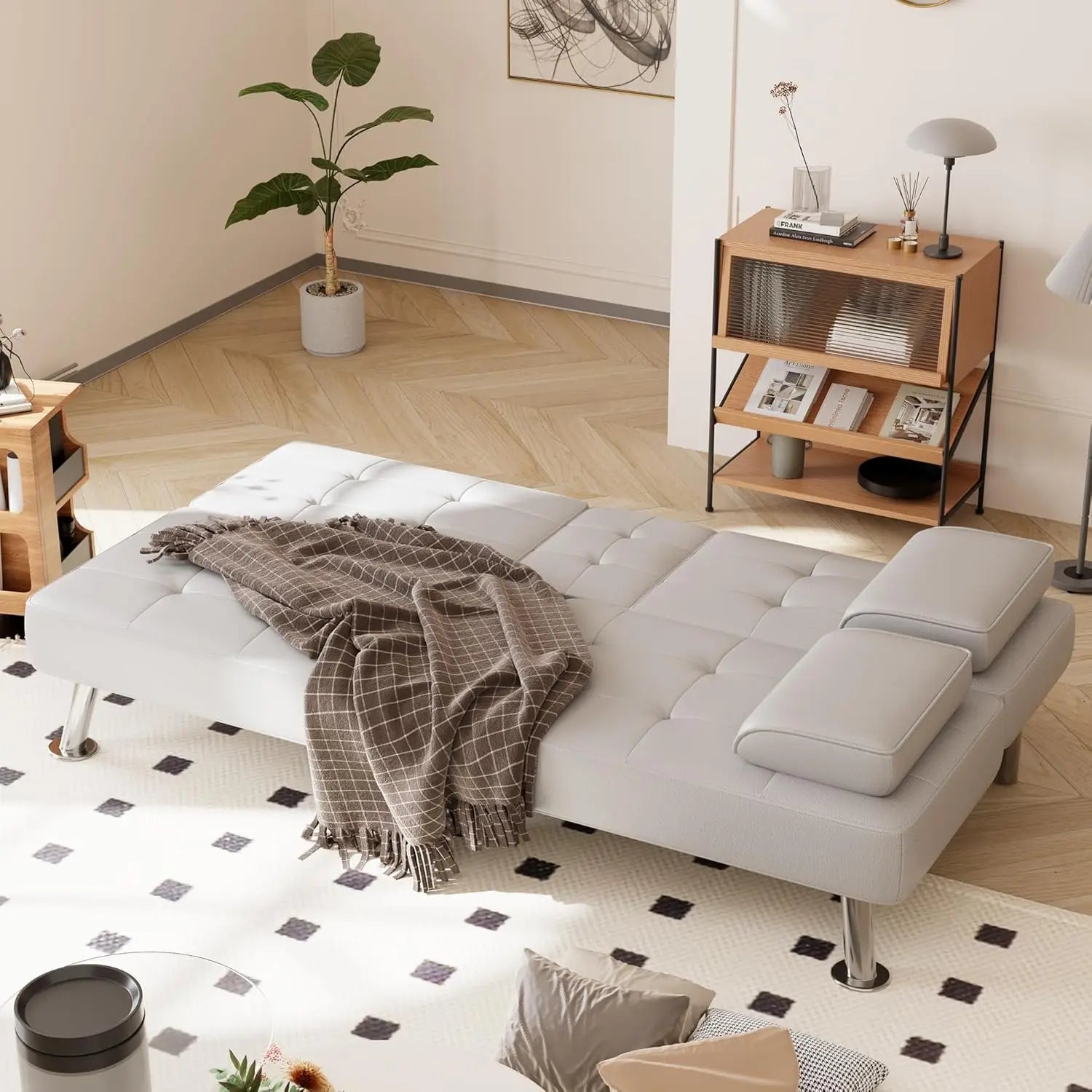 Folding Futon Sofa Bed Sleeper Couch for Living Room Faux Leather Upholstered Loveseat w/Removable Armrests Metal Legs